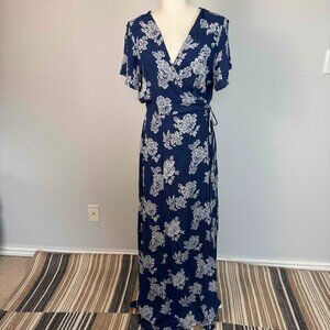 Lulus Women's Heart of Marigold Wrap Maxi Dress 100% Rayon Floral Navy Blue Sz L